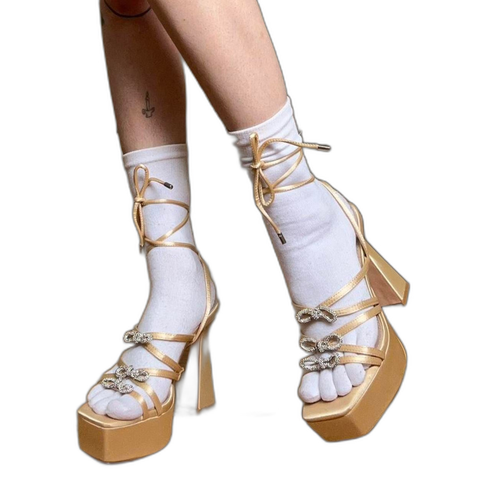 Platform gold rhinestone bow strappy wrap tie high heel sandals